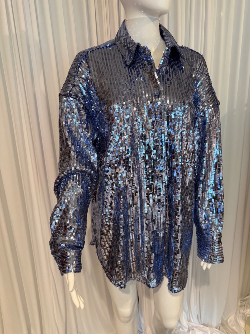 Curations x Debbie Denmon Sequin Button Front Shirt Large NWOT Oversized Glam - Picture 3 of 16